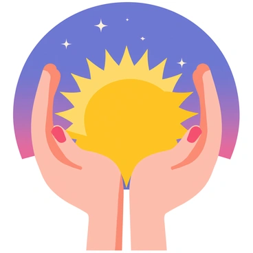 Two hands with soft, rounded features gently cradling a bright, glowing sun. The sun is depicted in vibrant shades of yellow and orange, radiating light and warmth. The background features a twilight sky transitioning from deep blue at the top to soft purples and pinks closer to the horizon. A few scattered stars begin to twinkle in the sky, enhancing the serene atmosphere.