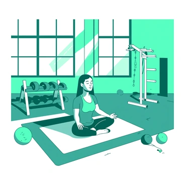 A teal gym room with large windows allowing natural light to flood in. In the center of the room, there is a person sitting cross-legged on a white yoga mat, dressed in comfortable athletic wear. The person has their eyes closed, and a calm expression is visible on their face, reflecting deep meditation. Nearby, there is a white squat rack with weights arranged neatly, indicating the recent workout session. Several teal exercise balls are placed around the room, adding to the gym's atmosphere.