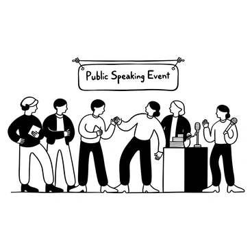 A small group of speakers standing closely together in a semi-circle, engaged in an animated discussion. The speakers are wearing formal attire, with some holding notepads and others gesturing with their hands. In the center, one speaker is leaning forward, passionately sharing insights. Various microphones are placed on stands nearby, and there are stacks of pamphlets on a table beside them. The setting is a spacious room with soft lighting, and a large banner that reads "Public Speaking Event" hangs in the background.