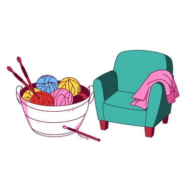 A white basket is filled with various colorful yarn balls in shades of red, yellow, blue, and pink. Beside the basket, there are several knitting needles made of polished wood, some resting against the basket. Next to the basket, there is a cozy armchair upholstered in a soft teal fabric. The armchair is positioned in a warm, inviting corner, with a throw blanket draped casually over one arm.