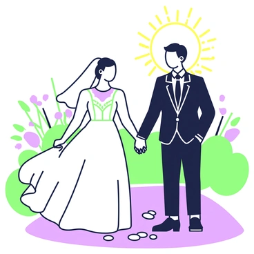 A bride and groom are holding hands in an outdoor setting. The bride is wearing a flowing white wedding dress with delicate lace details, and her veil billows gently in the breeze. The groom is dressed in a formal black suit with a white shirt and a black tie. Their faces are obscured by the bright sun shining directly behind them, creating a halo effect around their silhouettes. The background features hints of greenery and floral arrangements, softly blurred by the sunlight. The couple stands on a pathway, surrounded by scattered petals on the ground.
