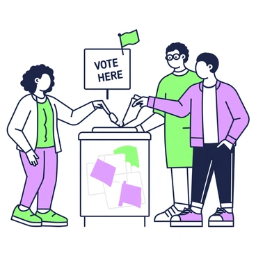 A diverse group of people is standing in line to cast their votes into a transparent ballot box. In the foreground, a woman with curly hair is placing her ballot into the box, while beside her, a man with glasses holds his ballot in hand, ready to vote. Behind them, a person of Hispanic descent is observing the process. The ballot box is made of clear material, allowing the colorful ballots to be seen inside. In the background, a sign indicating "Vote Here" is visible, along with a few small flags.