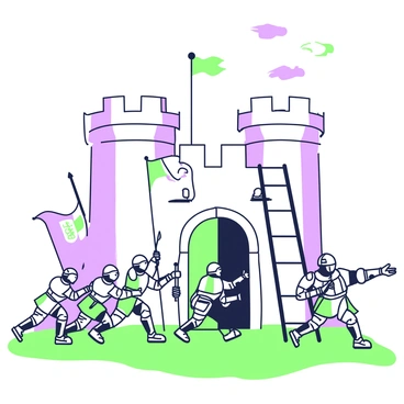 A group of knights in shining armor is charging towards a fortified castle. They are positioned on a grassy field in front of the castle, which has tall stone walls and a large wooden door. Some knights are operating catapults, which are loaded and aimed at the castle walls. Others are climbing up wooden ladders leaning against the stone. The sky above is clear, contributing to the intensity of the scene. A few banners depicting various crests are flapping in the wind, adding a dynamic element to the composition. The castle towers in the background rise high, with arrow slits visible along the walls.