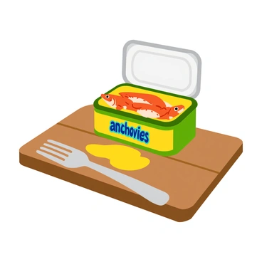 An opened tin of anchovies, filled with glistening fish swimming in golden olive oil, is set on a wooden kitchen countertop. The tin features a colorful label with "anchovies" written in bold letters. A shiny silver fork rests beside the tin, its prongs slightly gleaming under the light. A small puddle of olive oil collects on the countertop adjacent to the tin, adding a touch of shine to the scene.