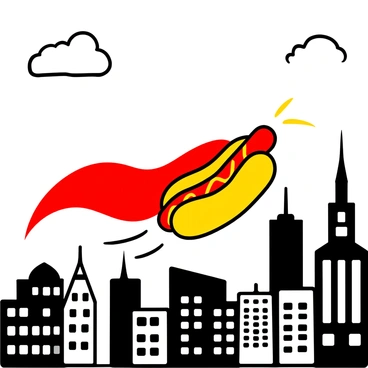 A superhero hot dog character with a golden bun and contrasting mustard and ketchup details is soaring through the Chicago skyline. The hot dog has a flowing red cape billowing behind it as it moves gracefully among the tall skyscrapers. A backdrop of iconic Chicago buildings creates a dynamic urban atmosphere. A few clouds are scattered across the sky, enhancing the sense of height and movement. The superhero hot dog is positioned in the center of the image, emphasizing its action and heroism.