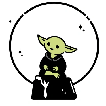 A small, green alien figure, resembling Yoda, is sitting cross-legged on a rugged rock. The silhouette of the figure is clearly defined against the large, bright moon in the background. The moon casts a soft glow that outlines the features of Yoda, emphasizing his pointed ears and wise expression. The night sky is dotted with a few distant stars, adding to the contrast between the dark figure and the illuminated moon. The rock is textured with rough edges, suggesting a natural outdoor setting.