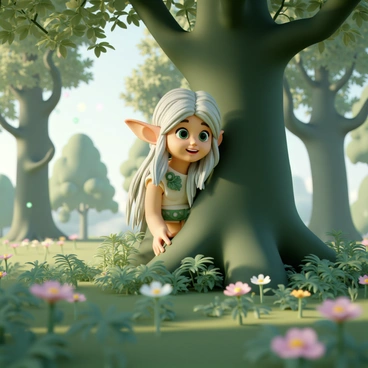 A curious forest elf, with pointed ears and bright green eyes, peeks from behind a large, moss-covered tree. The elf has long, flowing hair with shades of silver and green, and wears a tunic made of leaves and vines. Sunlight filters through the dense canopy, casting dappled light on the forest floor, which is covered in vibrant green ferns and colorful wildflowers. The background features tall trees with twisting branches and glowing orbs of light floating gently in the air, enhancing the enchanting atmosphere of the forest.