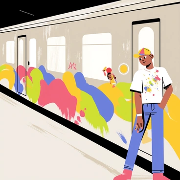 A graffiti artist is painting on the exterior of a subway car. The subway car has a metallic surface reflecting light. The artist, wearing a colorful cap and a paint-splattered shirt, is holding a spray can in one hand. Bright, vibrant colors in various shades of red, blue, yellow, and green are being applied to the car, creating a dynamic mural. The background features the urban setting of a subway station, with graffiti tagging on the walls and people watching the artist at work.