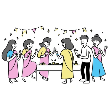 A group of guests dancing joyfully at an Indian baby shower. There are men and women dressed in colorful traditional attire, including sarees and kurtas. The women are adorned with jewelry and vibrant bangles. In the background, there are decorative elements such as marigold flowers and colorful banners. Some guests are clapping their hands, while others are captured mid-dance with wide smiles. There are soft lights overhead creating a festive atmosphere, and a table with traditional Indian snacks and drinks is visible nearby. Music notes and symbols are subtly illustrated around the scene, emphasizing the lively ambiance filled with laughter.