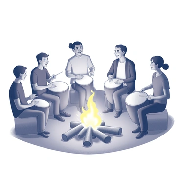 A group of several people seated in a circle around a campfire. Each person is holding a drum, and they are engaged in playing a rhythmic beat together. The campfire is crackling, emitting flames that dance upward and cast shadows on the surroundings. The individuals are of diverse backgrounds, with varying attire that reflects a casual, outdoor atmosphere. Some of them are smiling and focused on the music, while others are swaying gently to the rhythm. The atmosphere is lively, filled with energy as the sound of the drums resonates in the night air.