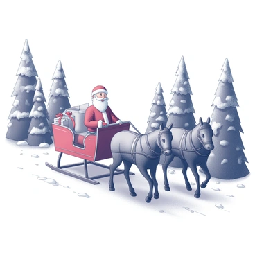 Weihnachtsmann riding a sleigh pulled by reindeer through a snowy forest
