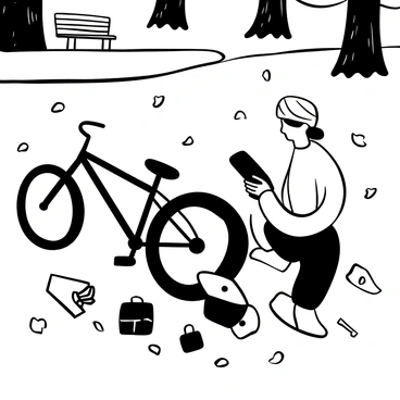 A cyclist crouching on the grass, focused on patching a punctured tire tube. The cyclist is wearing a helmet and a cycling outfit, with a bicycle resting nearby. Tools and a repair kit are spread out on the ground next to them. Surrounding the cyclist, there are trees with textured bark and scattered leaves on the ground. A park bench is visible in the background, alongside a pathway that winds through the park.