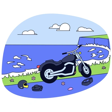A motorcycle lies on its side on a scenic coastal road. The bike has a sleek black design with chrome accents. Surrounding the motorcycle, there are scattered pieces of debris, including a helmet and a leather jacket. The road is lined with green grass and wildflowers. In the background, the ocean waves crash against the rocky shoreline, sending up sprays of white foam. The sky above is clear with a few fluffy white clouds scattered across it. A distant cliff can be seen rising above the water, adding depth to the coastal landscape.
