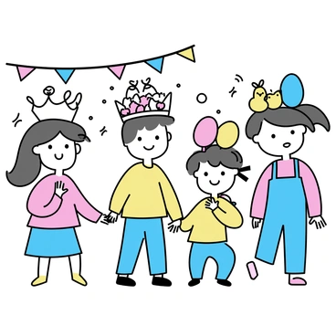 A group of children wearing colorful Easter bonnets, each adorned with various decorations. One child has a bonnet covered in pastel flowers, while another sports a hat with fluffy chicks and bright ribbons. A third child is wearing a bonnet that features large, colorful eggs. The children are standing together in a park, smiling and enjoying the festival atmosphere. Brightly colored banners and festive decorations are visible in the background.