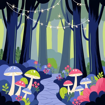 A cartoon-style enchanted forest with tall, whimsical trees that have twisting trunks and colorful, oversized leaves. The forest floor is covered with a variety of glowing mushrooms in bright shades of blue, pink, and green, emitting soft light. Delicate fairy lights are strung between the trees, twinkling like stars, casting a warm and inviting glow throughout the scene. A small, winding path made of cobblestones leads deeper into the forest, surrounded by patches of vibrant flowers.
