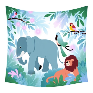 A tapestry with a vibrant jungle setting filled with various animals. An elephant with large ears is walking among lush green foliage. A lion is resting nearby, its mane flowing around its head. Colorful birds are perched on branches, showcasing their bright feathers. The background is filled with an array of tropical plants and flowers, creating a lively scene.