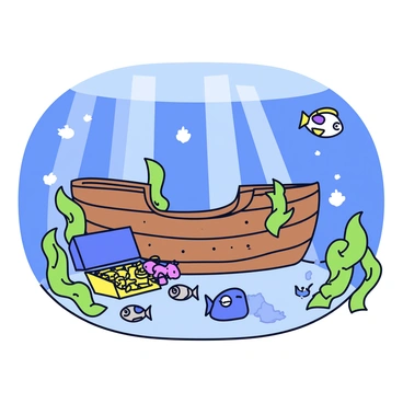 A sunken ship lies beneath clear blue water, with its hull partially obscured by vibrant green seaweed. The ship is made of aged wood, with visible barnacles clinging to its sides. Nearby, a treasure chest is partially open, revealing glittering gold coins and sparkling gems spilling out. Surrounding the scene are small fish swimming curiously, and rays of sunlight filter through the water, illuminating the ship and the treasure.