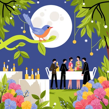 A nightingale perched on a lush green branch is singing melodiously. The scene is set in a garden illuminated by the soft light of a full moon. Surrounding the nightingale are colorful flowers blooming in various shades. Guests in elegant attire are mingling in the background, enjoying the ambiance of the evening. Tables adorned with white tablecloths and glowing candles are scattered throughout the garden. Twinkling fairy lights are hung from nearby trees, adding a magical touch to the atmosphere.