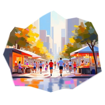 A bustling city scene transitioning from dawn to dusk. In the early morning light, people are seen jogging in the park, while a barista serves fresh coffee to early commuters at a nearby café. As the sun rises, office workers are entering tall modern buildings, and street vendors are setting up their stalls with colorful displays of fruits and snacks. Throughout the day, children play in the playground, and cyclists ride along designated paths. As dusk approaches, the sky transforms into shades of orange and purple, and the city lights begin to illuminate the streets. Evening diners are seated at outdoor tables, and friends gather in small groups, enjoying the vibrant atmosphere of the city.