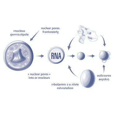 An illustrated diagram showing the cellular pathway of mRNA. The first step features the "nucleus," where mRNA is transcribed from DNA. The next step displays "nuclear pores," illustrating the exit of mRNA from the nucleus into the cytoplasm. Following that, "ribosomes" are depicted, highlighting where the mRNA attaches to initiate translation. Each step includes arrows to indicate the flow of mRNA, and labels for clarity.