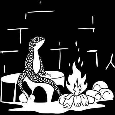 A lizard with textured skin is positioned on a stone surface, basking in the warmth emitted from a small fire. The fire crackles gently, casting flickering shadows on the walls of a darkened room. The room is sparsely furnished, with a few scattered stones and logs nearby. The glowing embers of the fire illuminate the lizard's body, creating a contrast against the surrounding darkness. A subtle aura of heat waves can be seen rising from the fire.