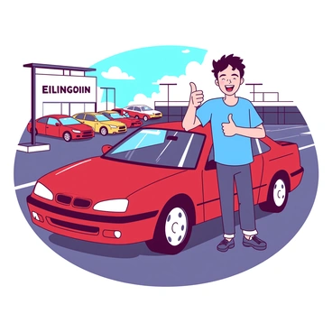 A cheerful customer with short brown hair is giving a "thumbs-up" gesture while standing next to a shiny red car in a dealership parking lot. The car is parked on a clean asphalt surface and glimmers under the bright sun. In the background, there are several other colorful cars lined up, and a sign displaying the dealership’s name can be seen. The customer is wearing a casual blue t-shirt and jeans, smiling broadly as they celebrate their new purchase.