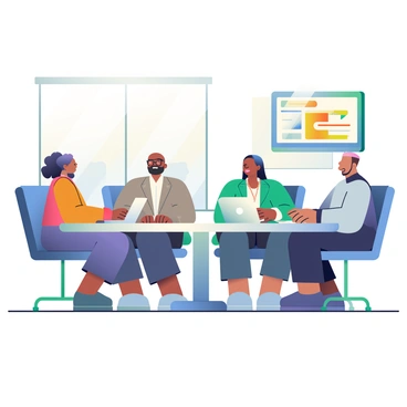 A diverse group of business people is seated around a large round table in a modern conference room. There are five individuals: a woman with dark skin and curly hair, a man with light skin and glasses, an Asian woman with long straight hair, a man with medium skin wearing a beard, and a Hispanic woman with short hair. Each person is dressed in professional attire, with the men in suits and the women in blouses and blazers. 

On the table, there are multiple open laptops, notepads, and pens scattered around. A large monitor on the wall displays a presentation. Natural light pours in from large windows, illuminating the room with a warm glow. The atmosphere conveys a sense of collaboration and focus, with each individual engaged in discussion.