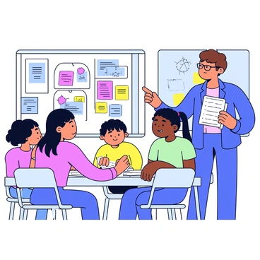 A teacher stands at the front of a classroom, facing a student seated at a desk. The teacher has short brown hair and wears glasses, holding a stack of papers while pointing to them. The student, a young girl with long black hair, looks up attentively, her expression focused and thoughtful. Around them are colorful posters on the walls and a chalkboard filled with notes. Other students are seated at their desks, watching the interaction with interest. Sunlight streams through the windows, illuminating the scene.