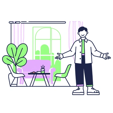 A person stands with open hands, welcoming guests into a room. They have a friendly smile, wearing a light-colored shirt and dark trousers. Behind them, there is a cozy living space with a large window that allows natural light to flood the area. A small table is set with snacks and drinks, and some chairs are arranged around it. A potted plant is positioned in the corner, adding a touch of greenery to the atmosphere. The overall scene conveys a sense of warmth and hospitality.