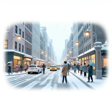 A busy city street, lined with tall buildings and storefronts, bustling with people. Snow is lightly falling from the sky, creating a soft blanket on the ground and dusting the rooftops. People are bundled up in winter coats, scarves, and hats, some holding umbrellas to shield themselves from the snow. A group of pedestrians is crossing the street, while others are waiting at the bus stop, looking up at the falling snowflakes. Streetlights glow softly, illuminating the scene and reflecting off the wet pavement. Cars are moving slowly, leaving tracks in the fresh snow.