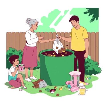 A diverse group of residents is gathered around a large green compost bin in a communal garden. One resident, an older woman with gray hair tied back in a bun, is adding brown leaves and vegetable peels to the bin. Next to her, a young man in a yellow t-shirt is holding a bag of food scraps, preparing to pour it into the bin. Nearby, a child with curly hair is observing while holding a small container of fruit scraps. The garden is filled with various plants and flowers, and a wooden fence surrounds the area. Bright sunlight filters through the trees, illuminating the scene.
