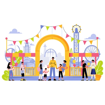 A colorful theme park entrance featuring bright banners and a large archway. The area is bustling with excitement, filled with people laughing and enjoying themselves. Various rides are visible in the background, including a towering roller coaster and a spinning teacup ride. At the entrance, a single person stands, wearing a cheerful outfit and holding a map of the park. Nearby, groups of children are playing with balloons and enjoying cotton candy. The atmosphere is lively and vibrant, capturing the joy of a day at the theme park.