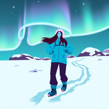 A woman with medium skin and long brown hair, bundled up in a vibrant blue winter jacket and thick black pants, is trekking across a vast snowy tundra. She is wearing a fur-lined hood and sturdy snow boots, leaving tracks in the fresh snow. Above her, the northern lights illuminate the night sky with swirling shades of green and purple, casting a magical glow over the landscape. In the distance, there are low hills partially covered in snow, and a few scattered rocks peeking through the white blanket. The scene captures the exhilarating isolation of the cold, wintry environment.