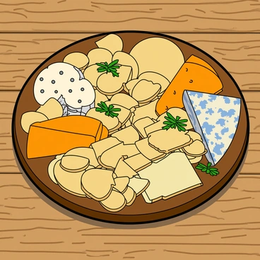 A large wooden platter, round in shape, is filled with an assortment of crackers arranged in a circular pattern. The crackers are of different shapes and textures, some are round, while others are square and have a golden-brown color. Scattered among the crackers are various types of cheeses, including a creamy brie with a white rind, a sharp cheddar with a rich orange hue, and a crumbly blue cheese with marbled veins. Each cheese is cut into bite-sized pieces and placed artfully around the platter. Garnishing the arrangement are small sprigs of green herbs, adding a touch of color and freshness. The background is a rustic wooden table, enhancing the presentation of the platter.