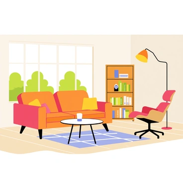 A mid-century modern interior featuring a spacious room with wooden flooring. In the center, there is a sleek, low-profile sofa upholstered in a rich orange fabric. Next to it, a round glass coffee table with clean lines sits atop a contemporary area rug with geometric patterns. A tall, wooden bookcase displays various decorative items and books. To the side, an iconic Eames lounge chair with a matching ottoman is positioned under a floor lamp with a curved shade, casting a warm glow. The walls are painted in soft beige, enhancing the warm color palette of the room. Large windows allow natural light to fill the space, showcasing a view of greenery outside.