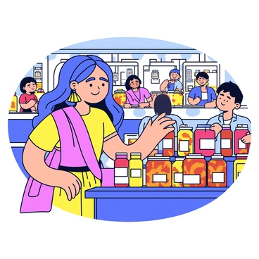 A girl with long hair, wearing colorful traditional attire, is browsing through vibrant stalls at a busy market. She has large jhumka earrings that dangle elegantly as she moves. The stalls are filled with jars of spices in rich hues, including deep reds, bright yellows, and earthy browns. She reaches out to touch a jar filled with bright orange turmeric. The background is lively, with shoppers and vendors engaged in conversation, creating an atmosphere full of energy.