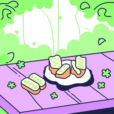 Garlic bread shaped like butterflies resting on a garden table