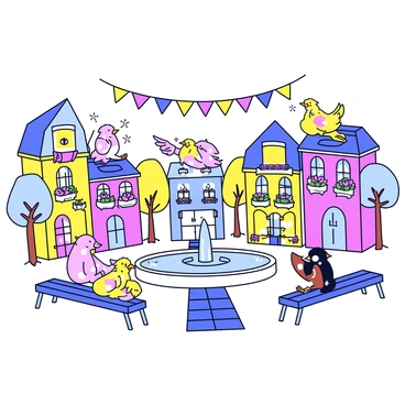A whimsical town square filled with animated "chouettes" of various colors and patterns. The chouettes are perched on decorative benches, chatting with each other and flapping their wings playfully. Surrounding them are quaint buildings with brightly colored facades, each adorned with flower boxes filled with vibrant blooms. In the center of the square, there is a small fountain with clear water splashing, and a cobblestone path leads through the lively scene. A few trees with leafy branches provide shade, while a colorful banner floats above, adding to the festive atmosphere.