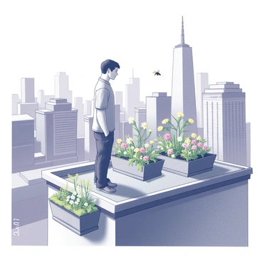 A city skyline filled with tall buildings and busy streets below. On one of the rooftops, there is a vibrant garden filled with various plants and flowers attracting bees. A man named "Davies" is standing in the garden, wearing casual clothing. He observes the bees buzzing around as they collect nectar. Surrounding him are planters with blooming flowers and greenery, creating a natural oasis in the urban setting. The scene conveys a dynamic contrast between the city life below and the tranquil activity of the garden above.