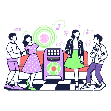 A group of four teenagers is gathered around a jukebox in a 1950s diner. Two girls are dancing energetically, with one wearing a polka dot dress and the other in a leather jacket. The boys, one in a white t-shirt and the other in a plaid shirt, are laughing and clapping along to the music. The jukebox, with its colorful lights, is playing rock and roll music, and the diner is filled with round tables and red vinyl booths. A neon sign in the background adds to the atmosphere, while checkered flooring completes the classic diner look.