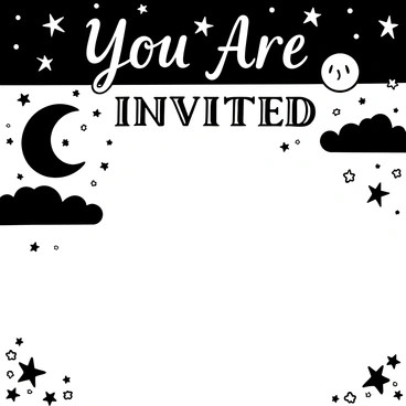 An invitation with the words "You Are Invited" in elegant lettering at the top. The background features a crescent moon positioned on the left side, surrounded by clusters of stars in different sizes scattered across the design. There are swirling patterns of clouds that add depth to the night sky backdrop. At the bottom, there is space to include details of the event, framed by delicate star motifs.