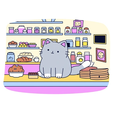 A fluffy gray cat with white paws sitting contently on a wooden counter. The counter is cluttered with various baked goods, including a loaf of bread, a pie, and a stack of cookies. Behind the cat, there are shelves lined with jars of ingredients and colorful pastries on display. The walls are adorned with vintage decor, including framed photographs and a chalkboard menu. Soft, warm lighting adds a cozy ambiance to the bakery scene.