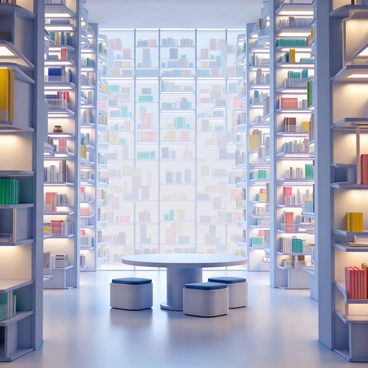 An ethereal floating library with shelves made of translucent glass, reflecting light in various colors. Books of different sizes and shapes hover in mid-air, gently spinning as if in zero gravity. Soft, ambient light illuminates the space, highlighting the delicate dust particles that drift slowly. There are elegant, minimalist seating areas with cushions arranged around a central reading table. The walls are adorned with intricate book-themed art, adding to the whimsical atmosphere of the library.