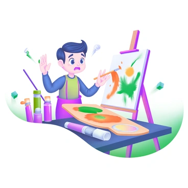 An artist mixing colors on a palette with a confused expression as the colors turn into unexpected shades.