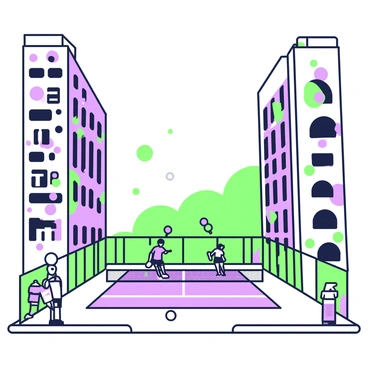 A pickleball court nestled between tall urban buildings with vibrant graffiti walls