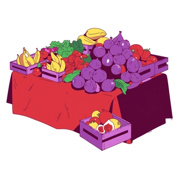A vibrant red farmer's market stall is overflowing with an array of figs, showcasing their deep purple skin and smooth texture. Surrounding the figs are various other fresh produce items, including bright yellow bananas, green zucchinis, and plump, red tomatoes. The stall is also adorned with rustic wooden crates filled with brightly colored peppers and leafy greens, creating a lively atmosphere. Sunlight casts gentle shadows across the produce, highlighting the freshness and variety available for customers.