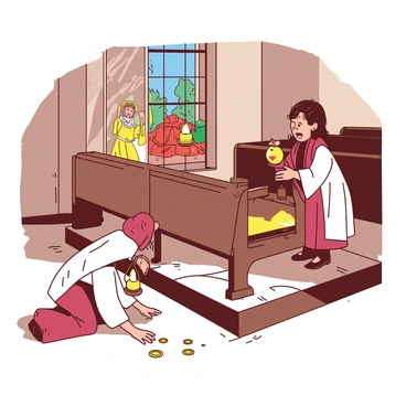 A group of children dressed in biblical attire are reenacting the parable of the lost coin inside a church. One child is kneeling on the floor, searching beneath a wooden pew for a small shiny coin. Two other children stand nearby, one holding a lantern that illuminates the scene with a warm glow, while the other points excitedly toward the kneeling child. The church has colorful stained glass windows that cast vibrant light onto the stone floor, enhancing the atmosphere of the reenactment.