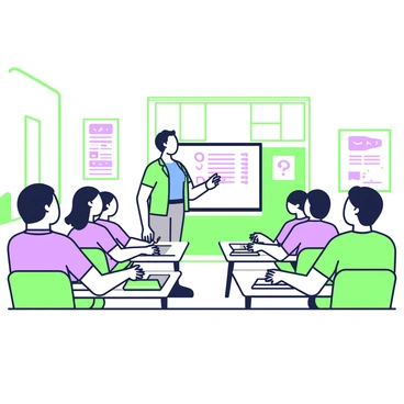 An instructor stands at the front of a classroom, engaging a group of students seated in rows. The instructor has short hair and is wearing a smart-casual outfit, including a blue shirt and grey pants. A whiteboard behind the instructor displays a series of important points about defensive driving techniques. On the desks, students have notebooks open and pens ready, some are taking notes while others are actively asking questions. The room is well-lit, with posters about road safety on the walls, and a large window letting in natural light.
