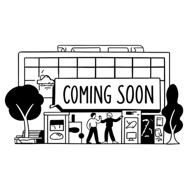 A black-and-white illustration of a modern educational center with a large glass entrance. In front of the entrance, there is a dynamic display showcasing an oversized sign that reads "Coming Soon." Surrounding the sign, there are multiple interactive exhibit stations, each featuring large, detailed diagrams and models. A few people are engaging with the exhibits, pointing and discussing among themselves. Trees and benches are visible in the foreground, lending a sense of a communal space.