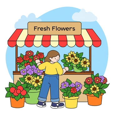 A young child with light brown hair and freckles is standing in front of a colorful flower market stall. The child is wearing a bright yellow t-shirt and denim overalls. They are carefully arranging several bouquets made of various flowers, including red roses, yellow sunflowers, and purple daisies. The stall is filled with vibrant colors, featuring potted plants and flowers in a mix of bright shades. There is a wooden sign hanging above the stall that reads "Fresh Flowers" in playful lettering. The background shows a clear blue sky and a few fluffy white clouds.